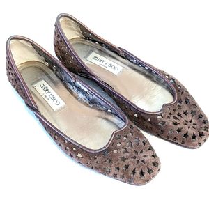 Jimmy Choo Brown Laser Cut Suede Bronze Trim Flats Slip On Shoes 38.5 US 8